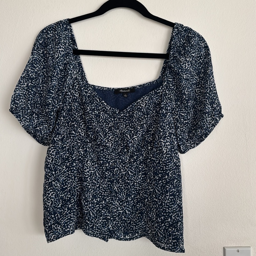 Madewell Navy and White Short Sleeve Square Neck Blouse